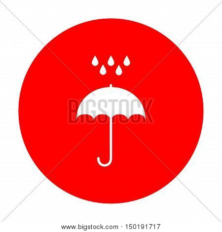 Umbrella With Water Drops. Rain Protection Symbol. Flat Design Style. White Icon On Red Circle.
