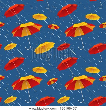 Seamless pattern with bright colorful umbrellas and rain. Autumn background. Vector illustration