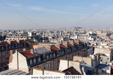 Panorama of Paris with Basilica of the Sacred Heart on the background. View from Pantheon.