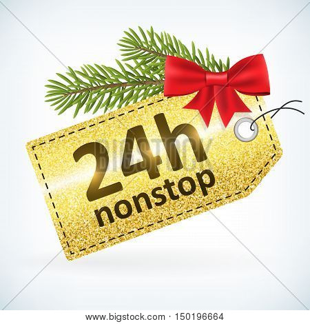 Christmas golden glitter label 24h open nonstop vector with bow and twig .Isolated from background. layered.