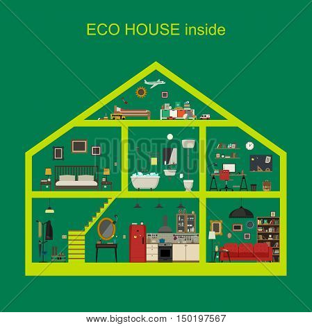 Ecological house inside interior. Vector flat house with set of basic rooms. House in cut with furniture.
