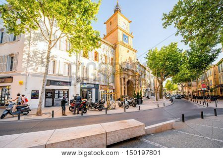 Salon-de-Provence, France - June 17, 2016: View on the street with old city gate or clock tower in Salon-de-Provence