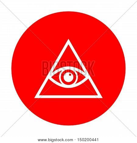 All Seeing Eye Pyramid Symbol. Freemason And Spiritual. White Icon On Red Circle.