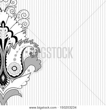 Abstract background with stripes and paisley floral elements. Illustration in black white and gray.