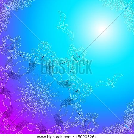 Corner abstract illustration seagulls in the sky above the sea. Turquoise blue and purple colors of the gradient.