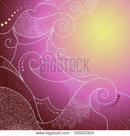 Corner abstract background with spirals swirls and circles. Purple pink and yellow gradient.