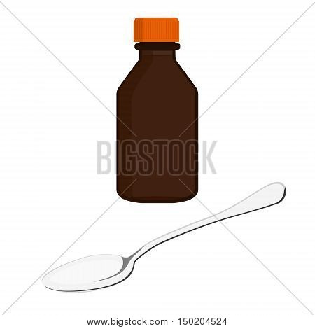 Vector illustration template of brown glass bottle with orange screw cap and spoon. For medicine syrup pills tabs. Packaging collection.