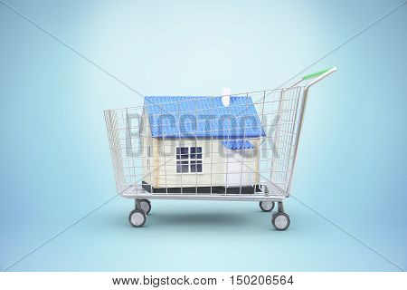 Trolley with blue house on light background. Buying property concept. 3D Rendering