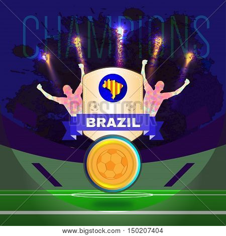 Digital vector, football and soccer brazil champions, gool, abstract sportmen with hand in the air, stadium with lights