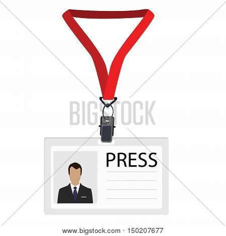 Vector illustration flat design name tag badge template. White plastic lanyard badge with man photo for press