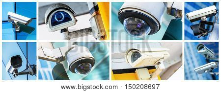 Panoramic Collage Of Security Cctv Camera Or Surveillance System