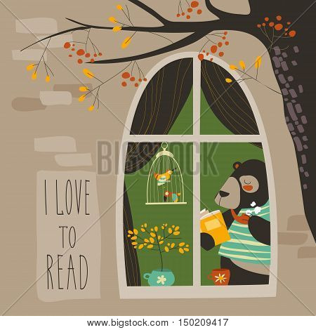 Bear reading a book near the window. Vector iluustration