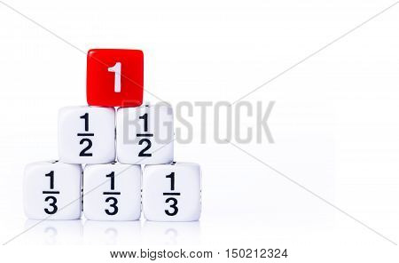 Stacked white fraction dices and number one red dice on white background with copy space