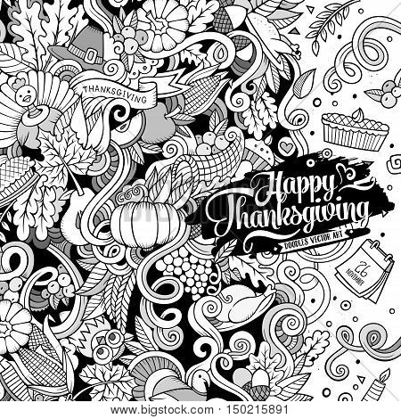 Cartoon vector hand-drawn Doodle Thanksgiving frame. Sketchy card design background with objects and symbols.