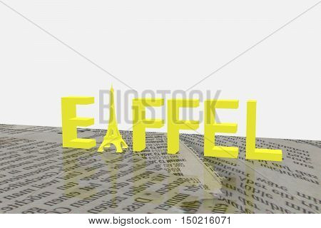 Yellow Eiffel Tower on a newspaper. 3D rendering .