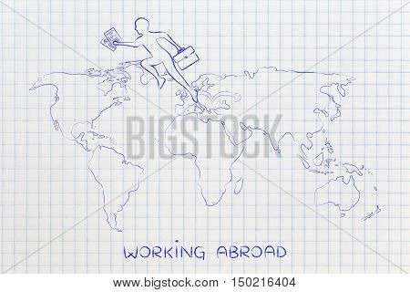 Business Man Jumpying Across Continents On Map Of The World