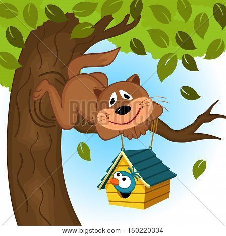 cat bird in a tree  - vector illustration, eps