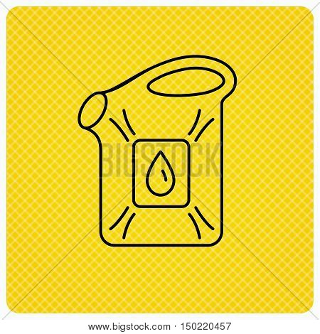Jerrycan icon. Petrol fuel can with drop sign. Linear icon on orange background. Vector