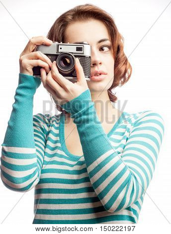 caucasian woman with vintage photo camera isolated on white background