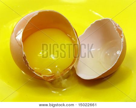 Broken egg with yolk and albumen flowing out from shell
