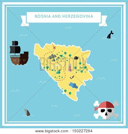 Flat Treasure Map Of Bosnia And Herzegovina. Colorful Cartoon With Icons Of Ship, Jolly Roger, Treas