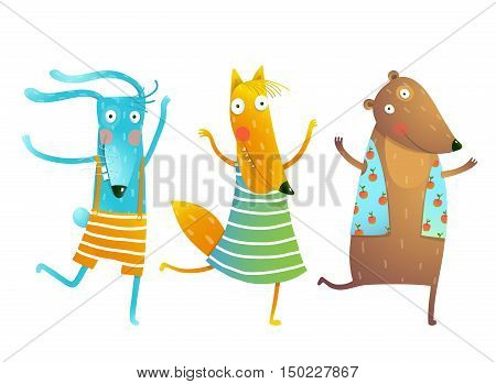 Childish cartoon for children dancing or playing game animals cub in dress, shirts, clothes. Bunny, fox, bear friends Vector cartoon illustration.