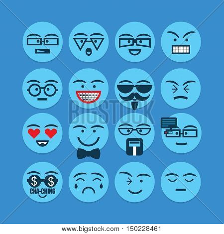Cute blue conceptual and emotional round faces icons set