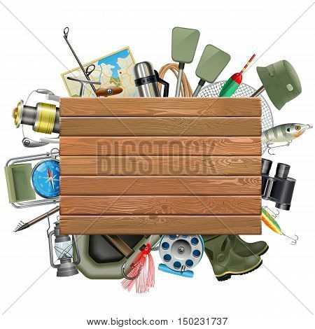 Vector Old Wooden Board with Fishing Tackle isolated on white background
