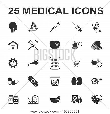 medicine, care, hospital 25 black simple icons set for web design