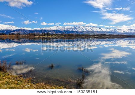 Reflection Of Snowy Mountains Near Fairlie, New Zealand