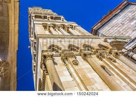 View at architecture details of Saint Domnius bell tower in Diocletian Palace, UNESCO world heritage site, Split Croatia.
