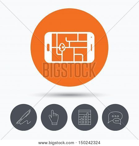 Gps street navigation with dinosaur egg icon. Pokemon egg concept. Speech bubbles. Pen, hand click and chart. Orange circle button with icon. Vector