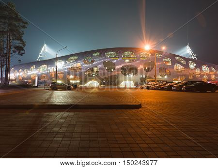 Borisov Belarus - September 02 2016: stadium belonging to FC BATE in the Borisov city of Belarus in the night.