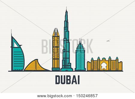 Dubai architecture skyline silhouette. Line pixel style art. Dubai famous hotels.
