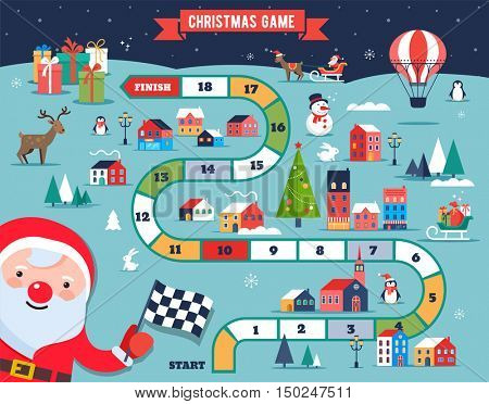 Christmas village map, winter town, board game with illustrations, icons and characters. Merry Christmas background