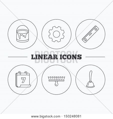 Level tool, plunger and brush tool icons. Bucket of paint linear sign. Flat cogwheel and calendar symbols. Linear icons in circle buttons. Vector