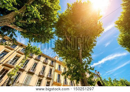 Beautiful residential building facade in Aix-en-Provence in France. Typical french architecture in Provence