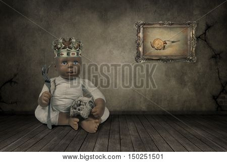 3D illustration of doll with a crown