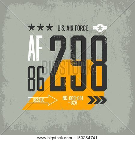 Modern american air force tee print vector design isolated on light background. Premium quality superior military number logo concept. 
Shabby t-shirt aircraft emblem illustration.