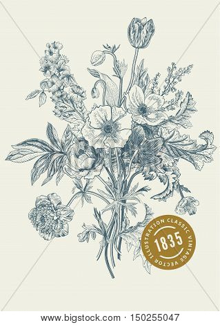 Victorian bouquet. Spring Flowers. Poppy anemones tulips delphinium. Vintage botanical illustration. Vector design element.