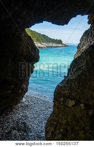 Cave On The Dafnoudi Beach On Kefalonia Island, Greece