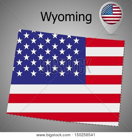 Wyoming State map with US flag inside and Map pointer with American flag
