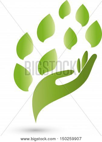 Hand, leaves in green, medical practitioners logo