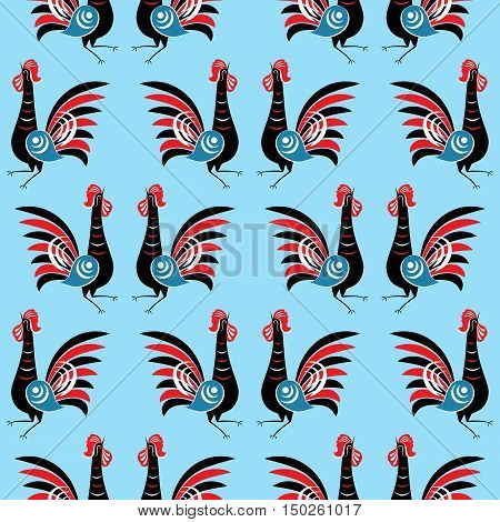 Seamless pattern with roosters. Hand drawn folk cock