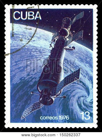 STAVROPOL RUSSIA - Octoberr 04 2016: a stamp printed by Cuba shows orbital station Salyut 2. Series circa 1976