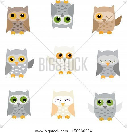 Set of cute vector background on isolated background owls