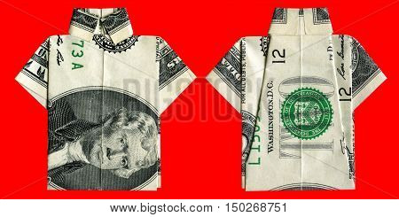 Origami two dollars bill shirt isolated. Front and back