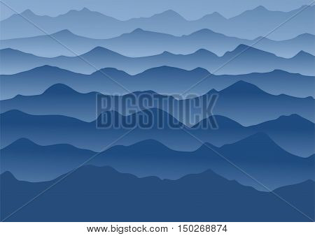 Blue mountains running in the fog. Vector illustration.