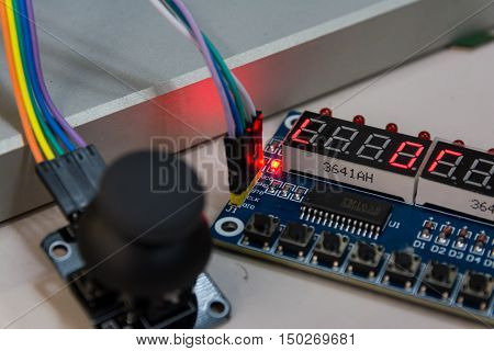 Joystick Open Circuit Boards Connected Arduino Screws Blue PCB Buttons LED