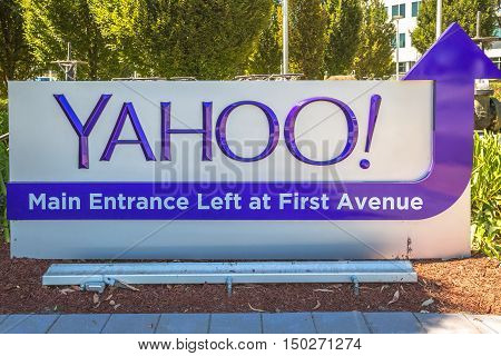 Sunnyvale, California, United States - August 15, 2016: close up of Yahoo Main Entrace Left and First Avenue at Yahoo Headquarters located in Sunnyvale. Yahoo is a multinational technology company.